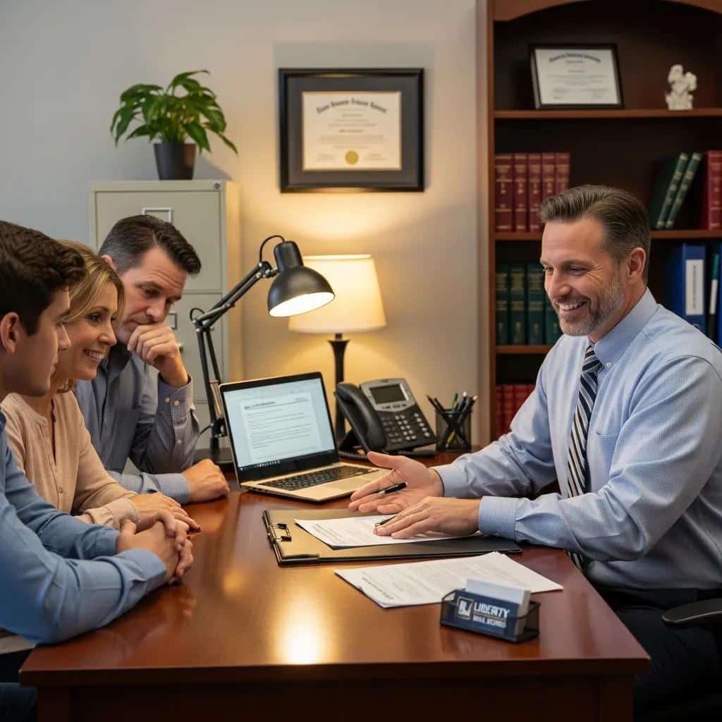 Bail bondsman assisting a family in an office, emphasizing support and professionalism in bail bond services.