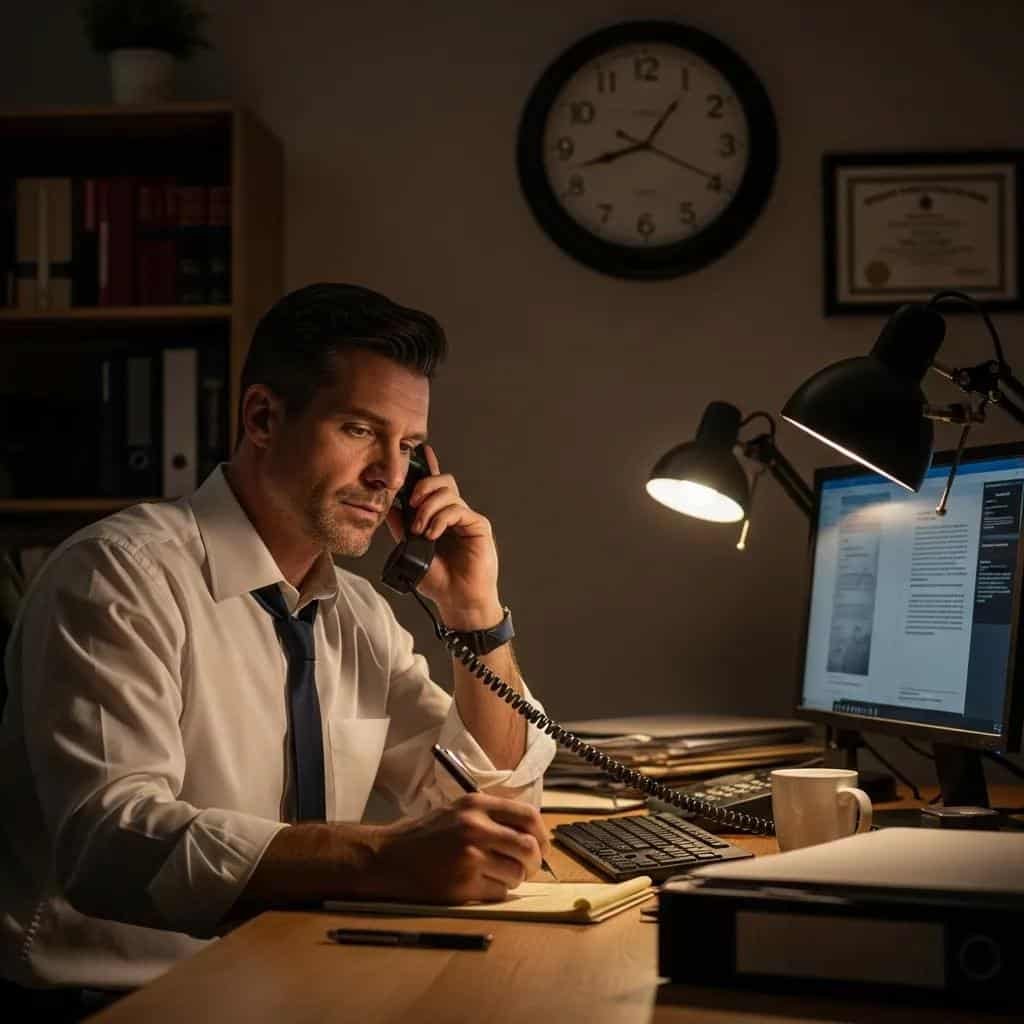 Bail bondsman on phone call at night, emphasizing 24/7 availability for urgent client support, with paperwork and computer visible in a professional office setting.