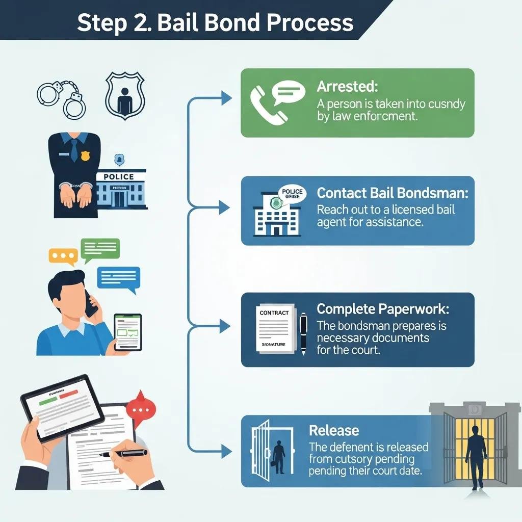 Step 2 of the bail bond process illustrating stages from arrest to release, including contacting a bail bondsman, completing paperwork, and final release, with icons representing law enforcement, communication, and documentation.