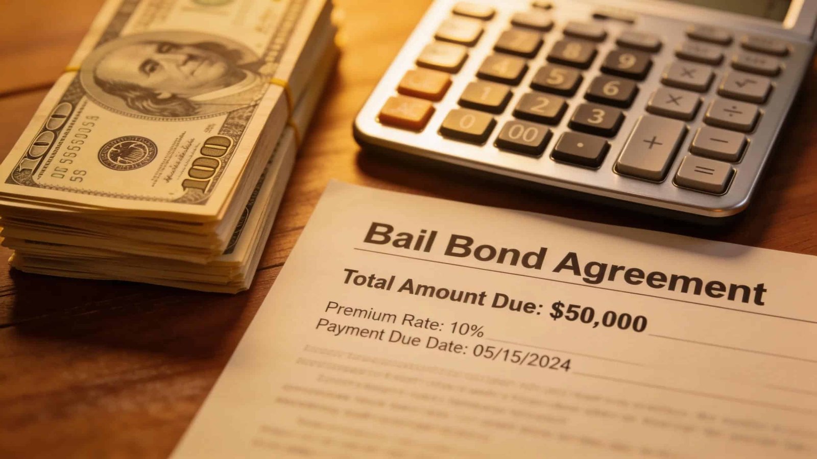Bail bond contract with cash and calculator illustrating payment options in Aurora and Centennial