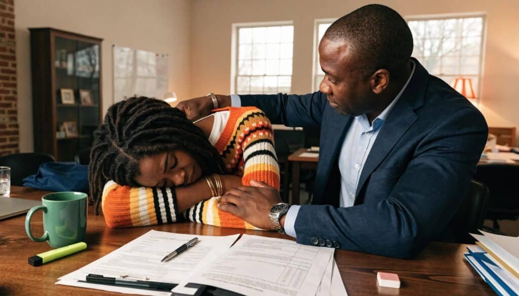 Bail bondsman assisting client in a supportive office environment