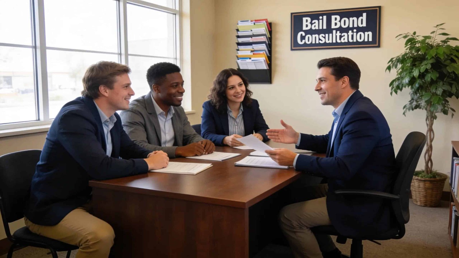 Licensed bail bond agents consulting with clients in a professional setting