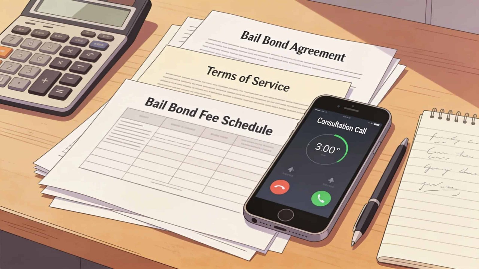 Calculator and legal documents depicting costs and fees associated with bail bonds