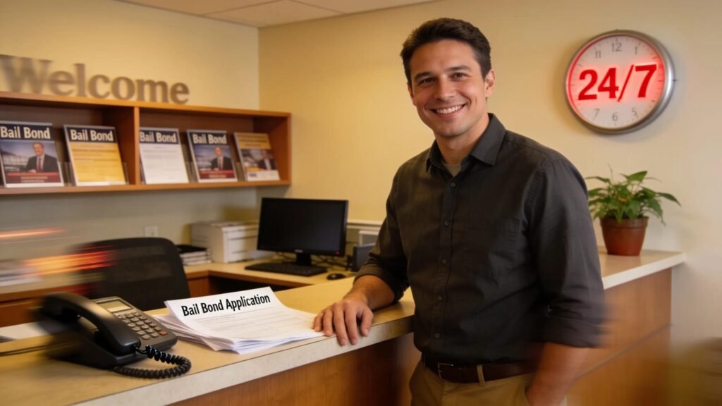 Aurora bail bonds office with friendly bondsman showcasing 24/7 assistance