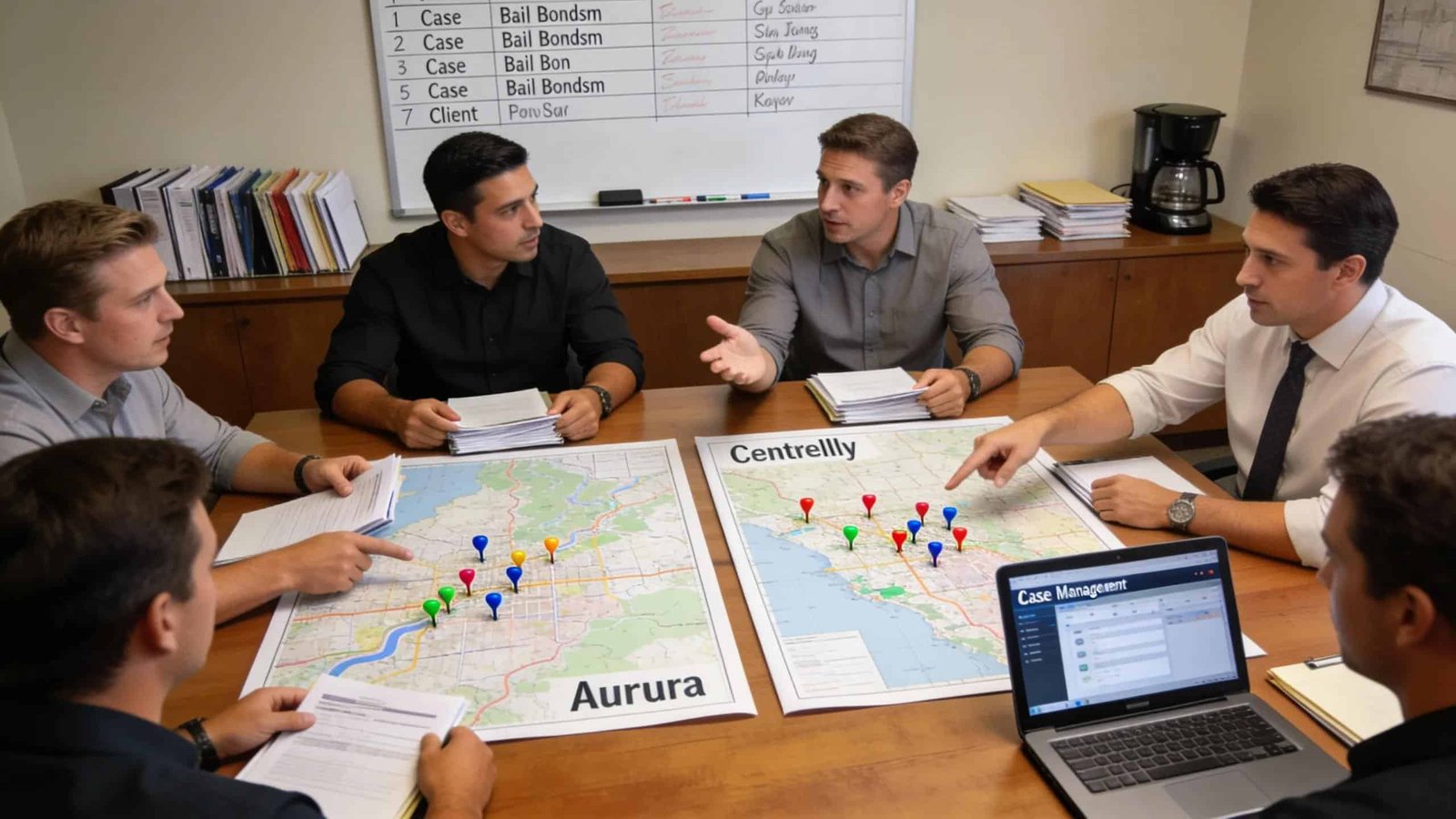 Local bail bondsmen collaborating in an office setting to provide expert assistance